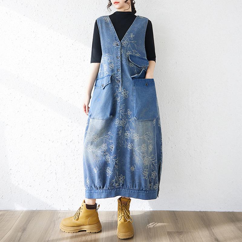 2026 Spring/Summer Retro Loose Slimming Long Denim Jacquard Vest Dress XL