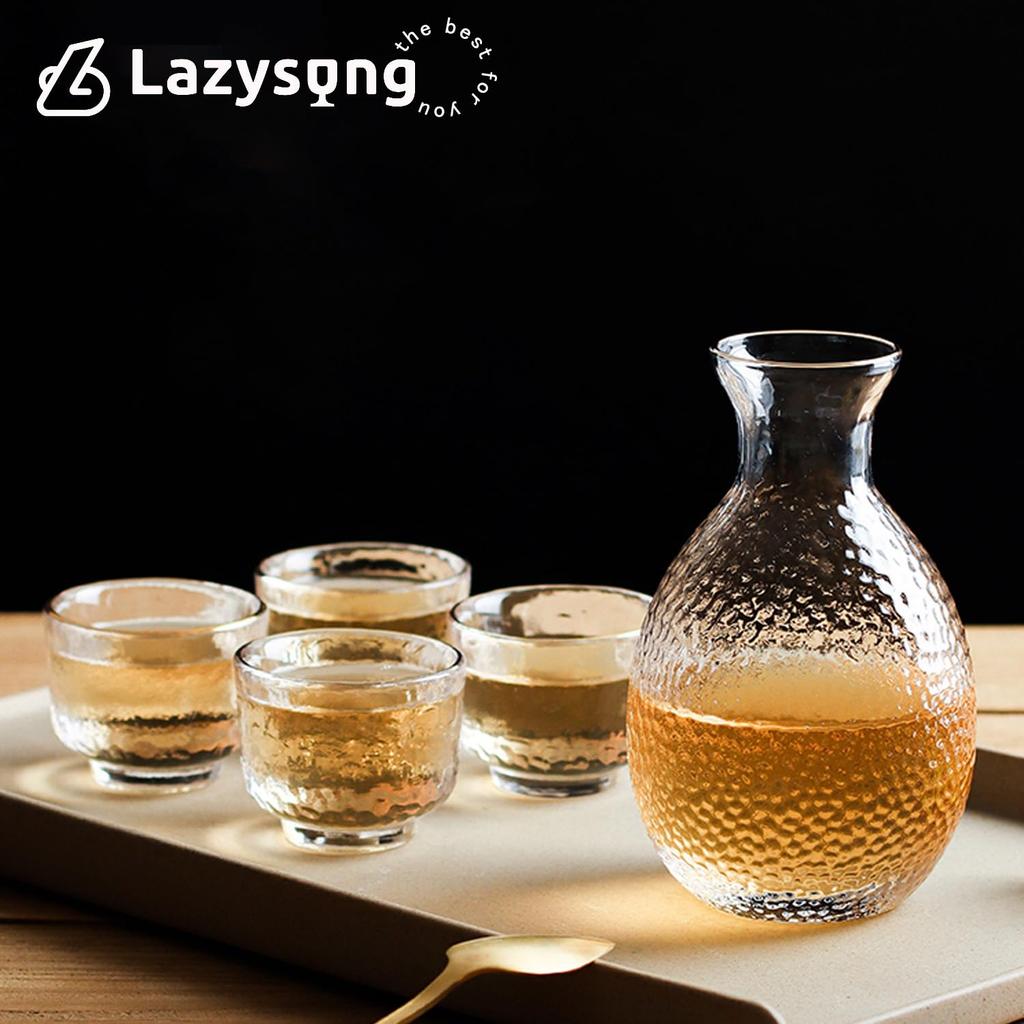 Lazysong Day Glass Sake Bottle Japanese Sake for Cold Sake and Sake Certified by the Japanese Food Inspection Standard Father's Gift Set, Set,