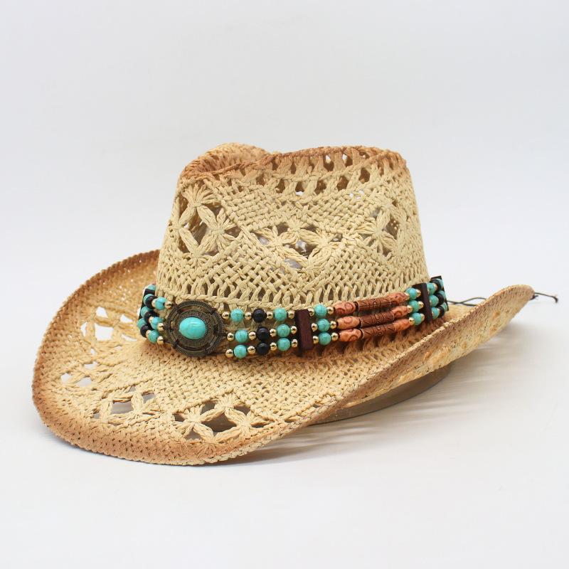 Cross-Border Malan Windproof Rope, Denim Straw Hat, European And American Retro Style, Western Denim Hat, Sunscreen, Hollow Jazz Top Hat