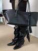 Autumn And Winter Soft Leather Pointed Toe Chunky Heel Riding Boots For Women, Vintage Lace-Up High-Heeled Slim Boots, Wide-Cuff Pile Boots