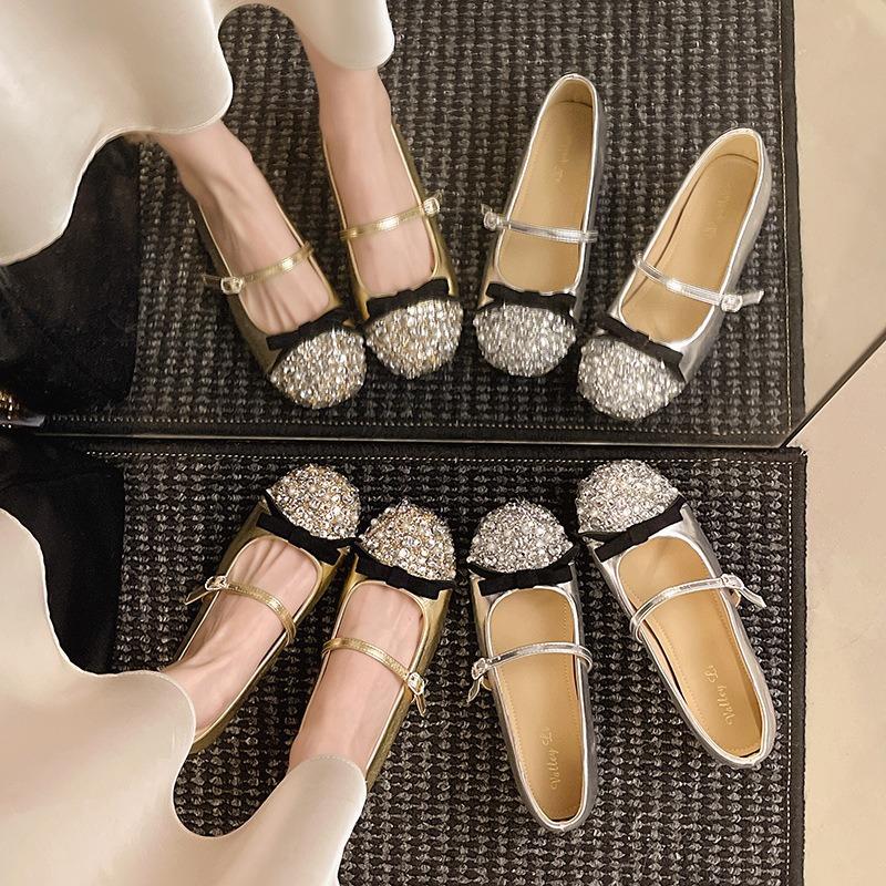 Silver single shoes women's summer new rhinestone retro shallow mouth flat bottom inner height increase Mary Jane small leather shoes