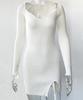 White Long Sleeve Knitted Mini Dress V-Neck Ribbed Bodycon Sweater Dress Elegant Short Autumn Winter Dresses Women