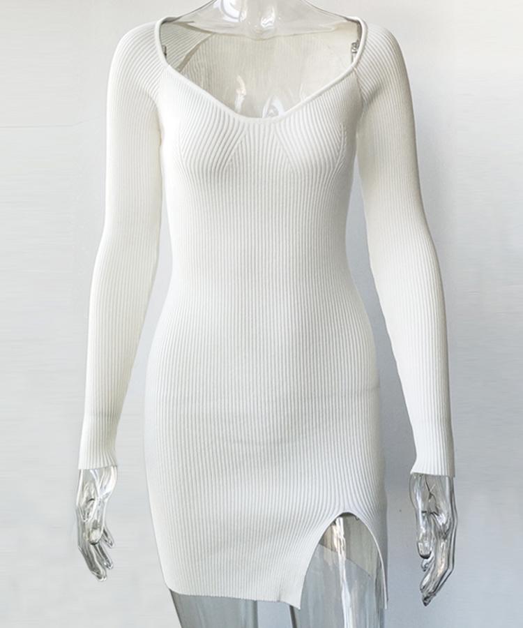White Long Sleeve Knitted Mini Dress V-Neck Ribbed Bodycon Sweater Dress Elegant Short Autumn Winter Dresses Women
