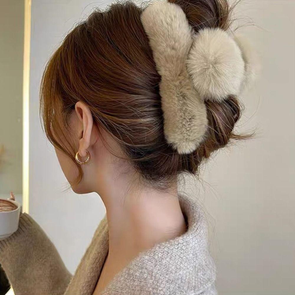 Pure Color Faux Fur Large Hair Clip Fluffy Winter Hair Accessories Plush Hair Claw Headwear