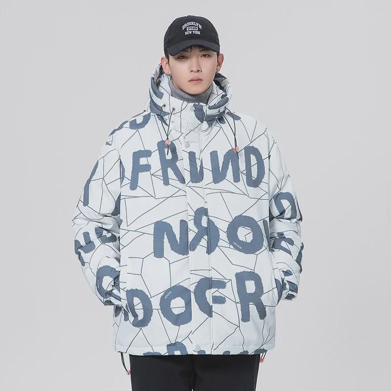 Palton din bumbac cu glugă pentru bărbați în stil american - Nou trend de iarnă, imprimeu cu litere, croială largă, elegant pentru adolescenți și studenți