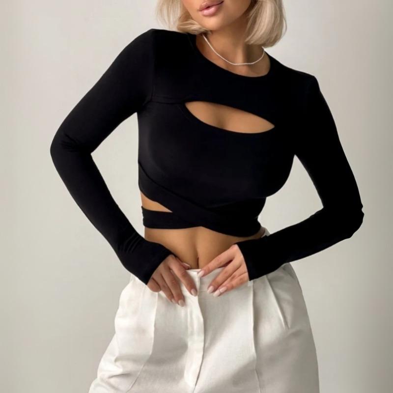 

New Sexy Long Sleeve Black Crop Top Fashion Women Autumn Hollow Out Bandage O-neck T-shirt Spring Slim Fit Short Tee Y2k Girl Blouse L чёрный