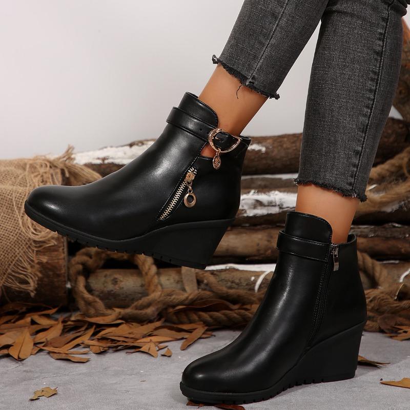Fashion Winter Fashion Side Zip Short Barrel Women's Boots Round Toe Black Botas Classics Wedges Chuny Heels Ankle Boots Anti-Skip Shoes