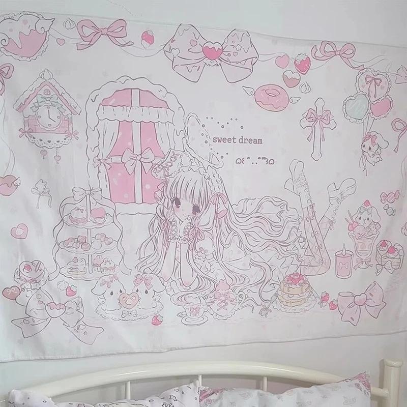 VIKAMA Traum Ästhetik Wandteppich RosaLila Herzförmiger Kuchenmuster Wandkunst Mädchen Schlafzimmer Dekoration Wohnheimzimmer Erfrischungslösung