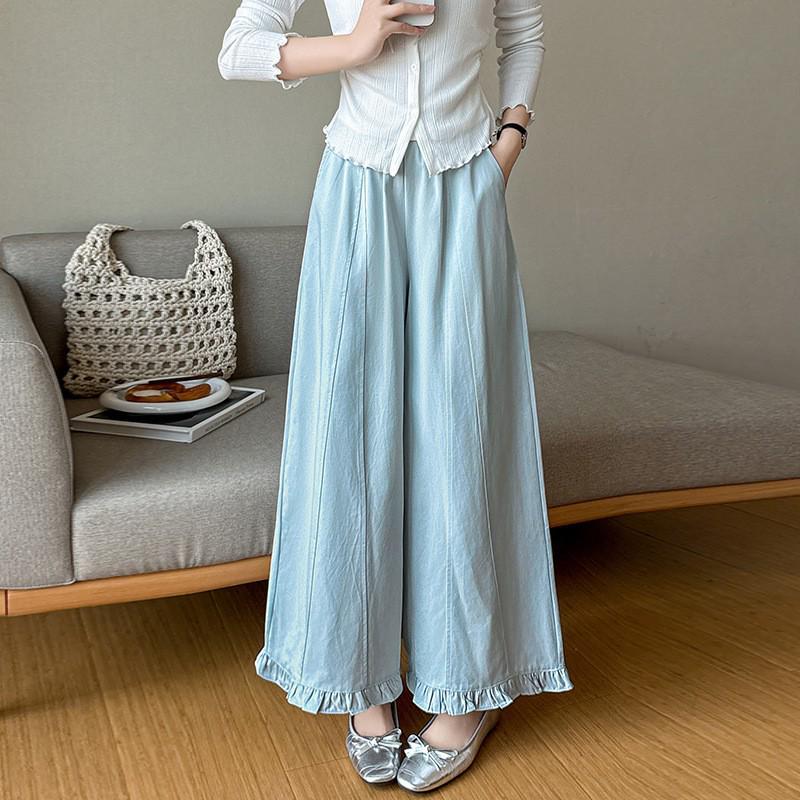 

Design-Sense High-Waisted Wide-Leg Pants with Wood Ear Trim - Spring/Summer 2026 Slimming A-Line Casual Style Large синий