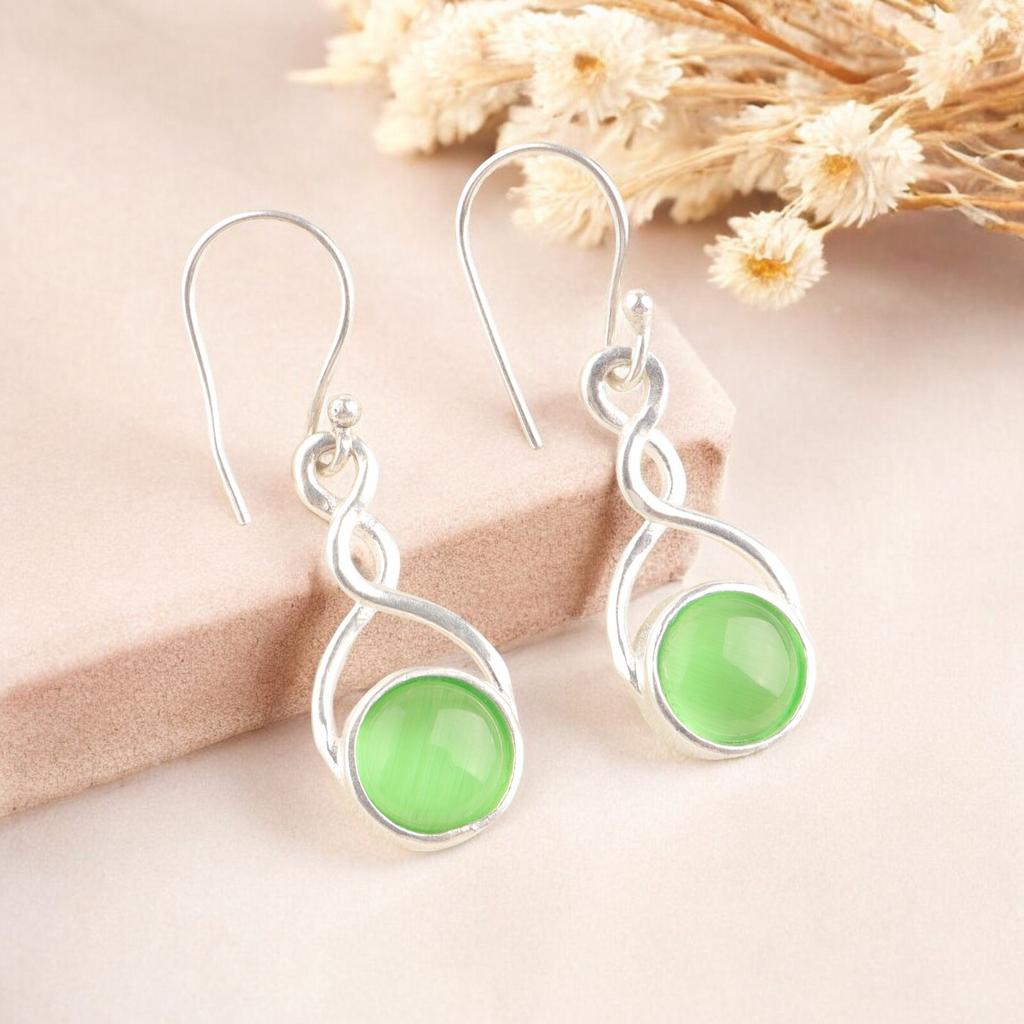 Vintage Green Cat's Eye Gemstone 925 Sterling Silver Jewelry Earrings For Women CE-15-39