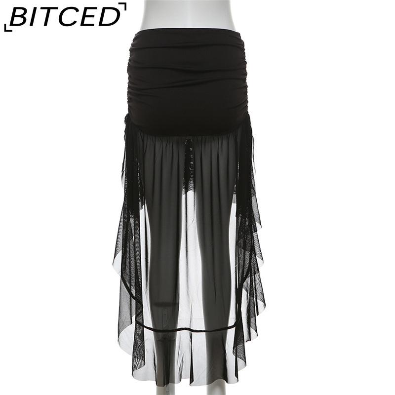 BITCED Fall Solid Color High-Waisted Sexy Mesh Ribbon Short Skirt for Women