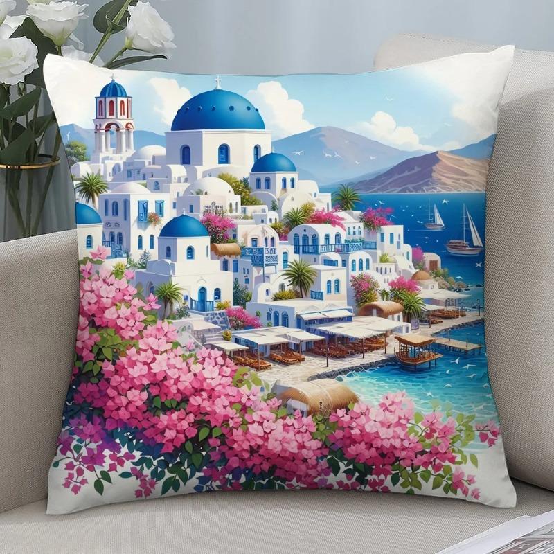 Santorini Landscape Pillow Case Short Plush Pillow Covers Sofa Decorative Gift Home Double-Sided Printing Cushion Cover