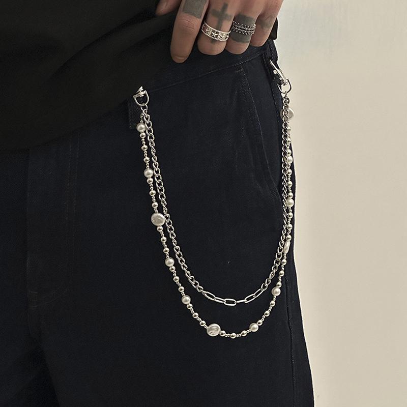 Exquisite Luxury Cross Pendant Imitation Pearl Pants Chain For Men Punk Trousers Chain Hip Hop Jeans Chain Clothing Accessories