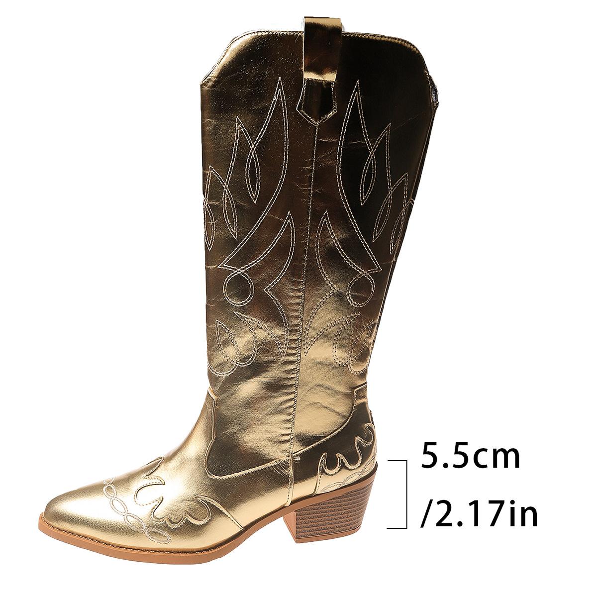 

2025 Winter Embroidery Bright Surface Large Sleeve Middle Heel Boots for Women 43 золотий