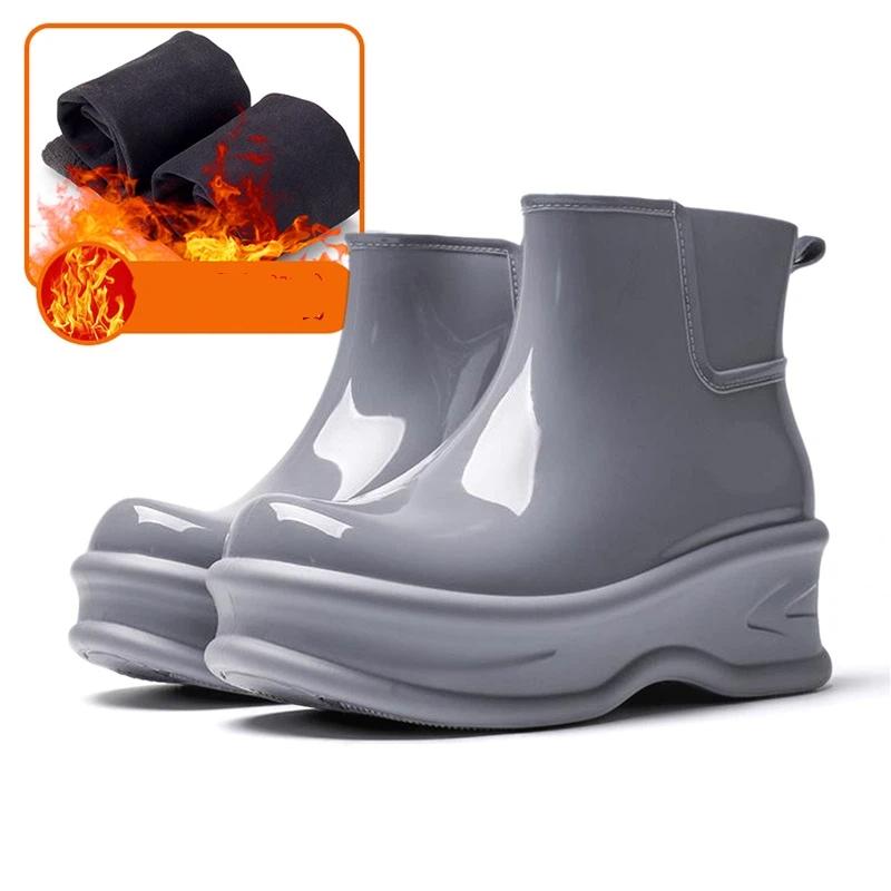 Women Glossy  Ankle Rain Boots Wedge Platform Thick Sole Waterproof Rubber Short Chelsea Style Rain Shoes