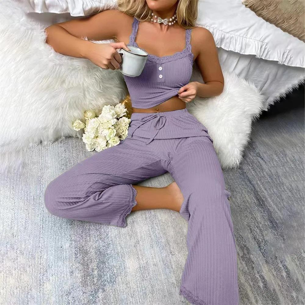 Summer Lace Sexy Casual Pajamas Set For Women Black Solid Color Suspenders Long Trousers Sexy Lounge Set Sleepwear 2 Pcs