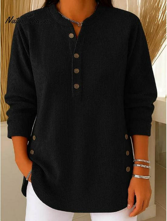 2025 Women's Solid Color Ribbed Single-Breasted Multi-Button Top for Autumn and Winter