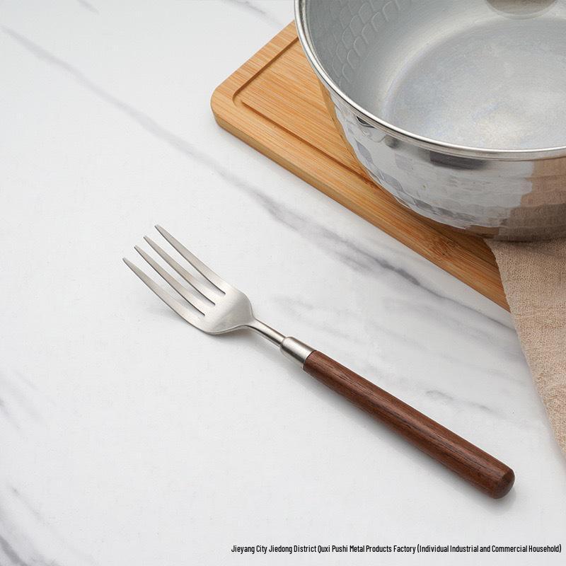 304 Stainless Steel Western Cutlery Set with Walnut Handles: Knife, Fork, Spoon, Cake Server, Bread Knife, Soup Spoon, Serving Spoon.