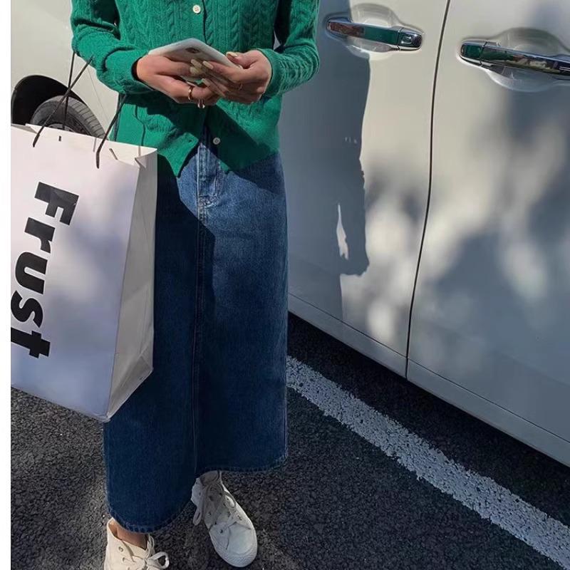 Těhotenská džínová sukně s rozparkem - Letní a podzimní nošení, Středně dlouhá, Zeštíhlující poloviční sukně s podporou břicha pro těhotné ženy.