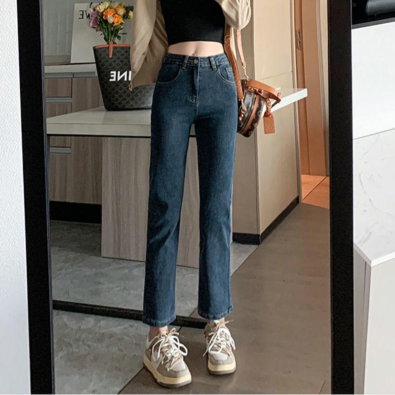 Trendy Women's High Waist Velvet Slimming Straight-Leg Jeans for Winter