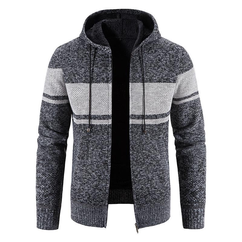 Men's Hooded Cardigan Sweater - Plus Velvet, Thick, Versatile, Knitwear Color Block Jacket for Autumn/Winter