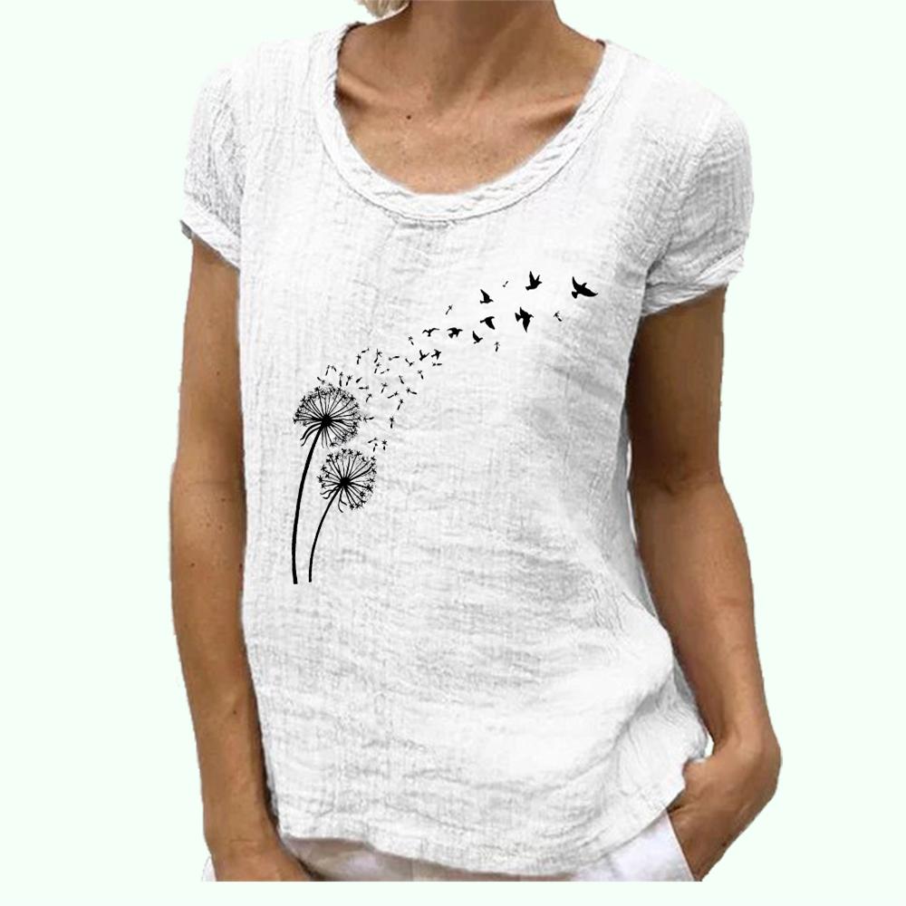 Women Fashion Short Sleeve Blouse Spring&summer Casual Cotton Linen T-shirt Round Collar Print Top
