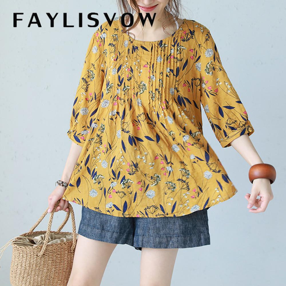 

Блузки большого размера с цветочным принтом в стиле бохо, винтажные женские топы с круглым вырезом и рукавами 3/4 и женская рубашка