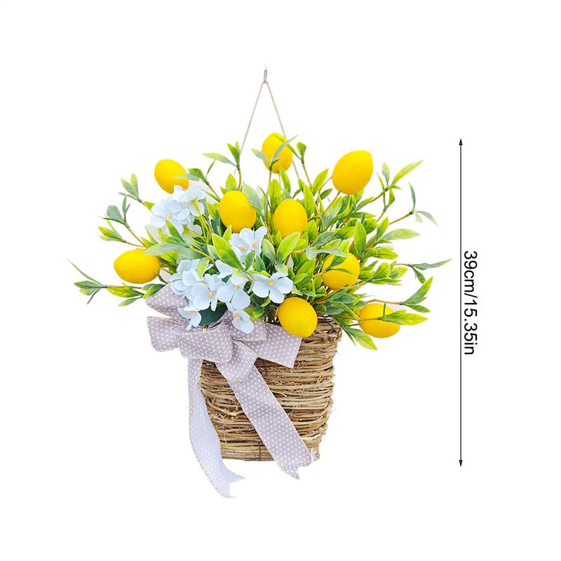 Basket Wreath Spring Porch Wreath for Outdoor Decorative Wreath Ornament Lemon Flower Basket Wreath Artificial for Home Wedding