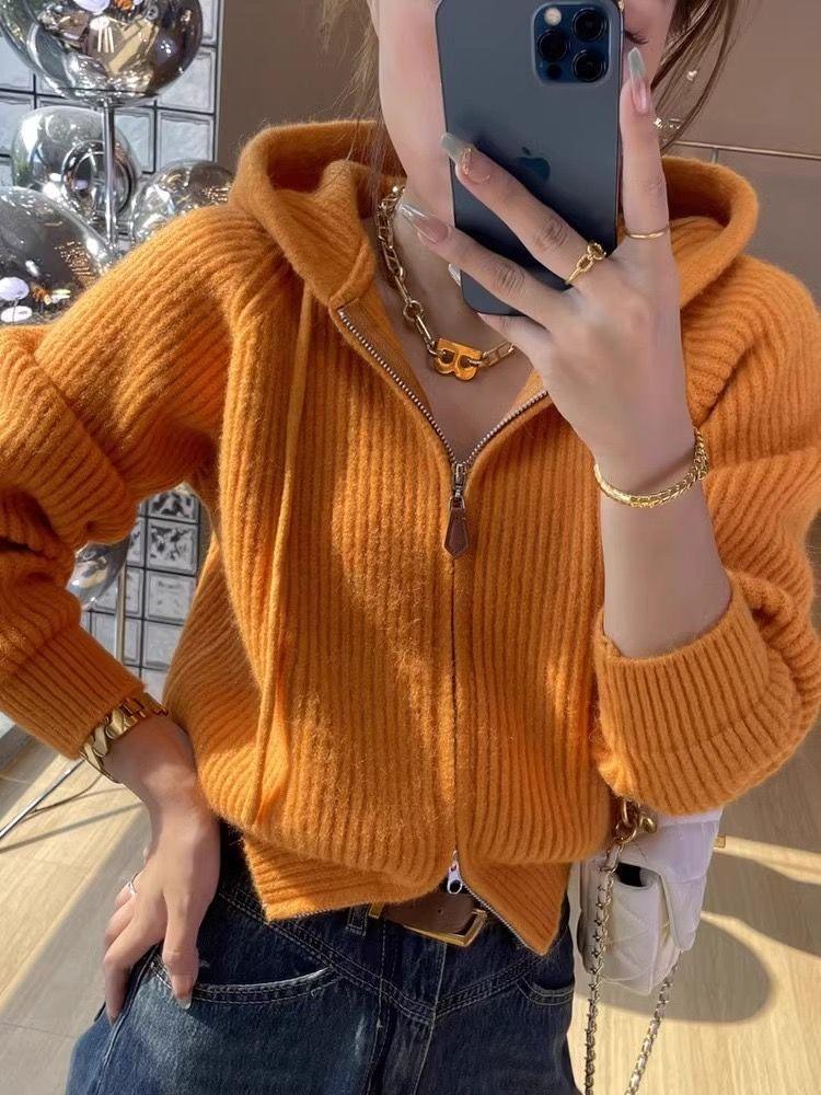 Hooded Small Fragrant Style Western-style Design Outerwear Women's Autumn and Winter New Short Loose Knitted Cardigan Sweater