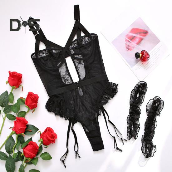 Women Sexy Bodysuit with Thigh Rings Backless Sleeveless Hollow Out Thin See-through Lace Flower Embroidery Spaghetti Strap Skinny Lady Wedding Night