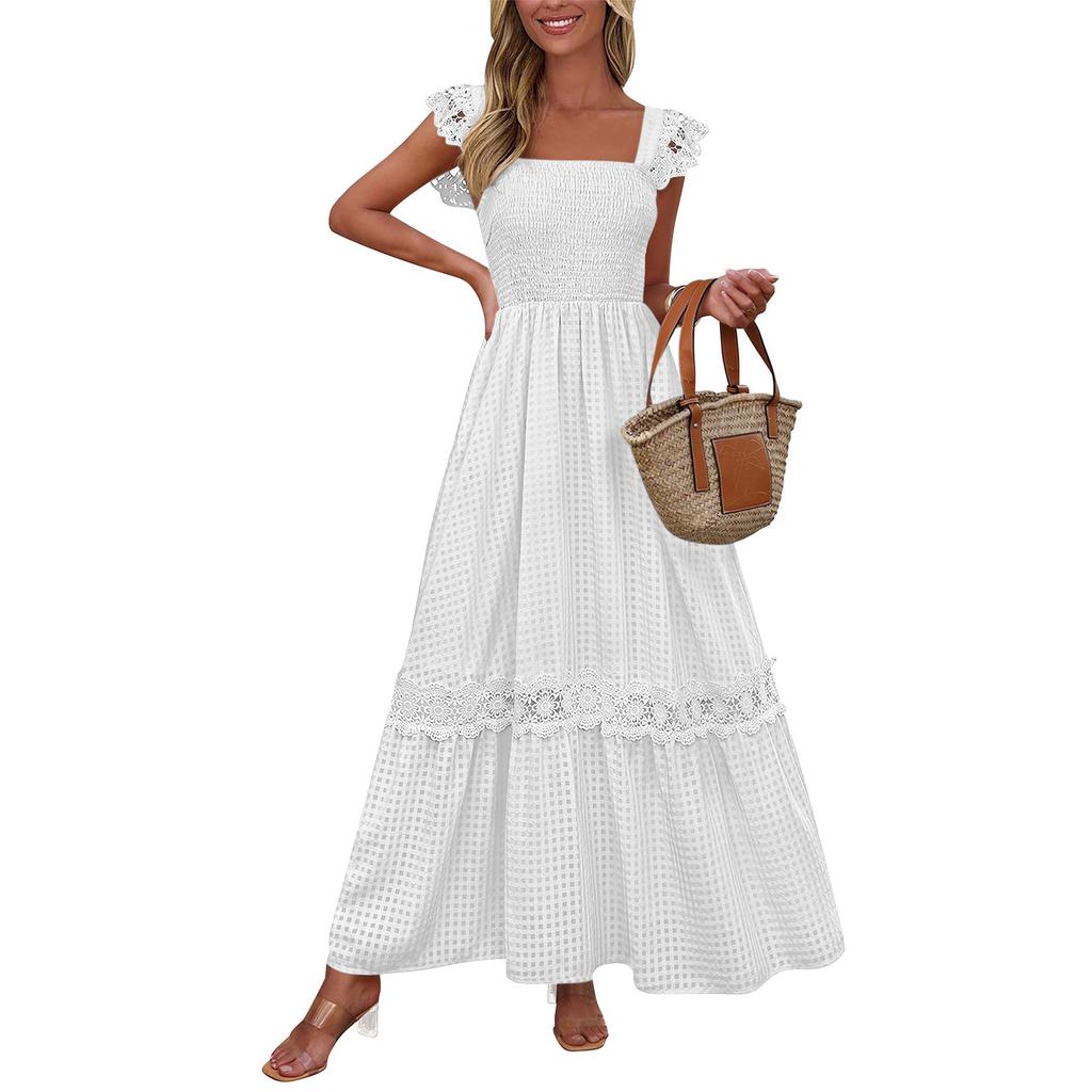 Women's Fashionable Color Square Neck Sleeveless Lace Patchwork Vacation Long Skirt Dress