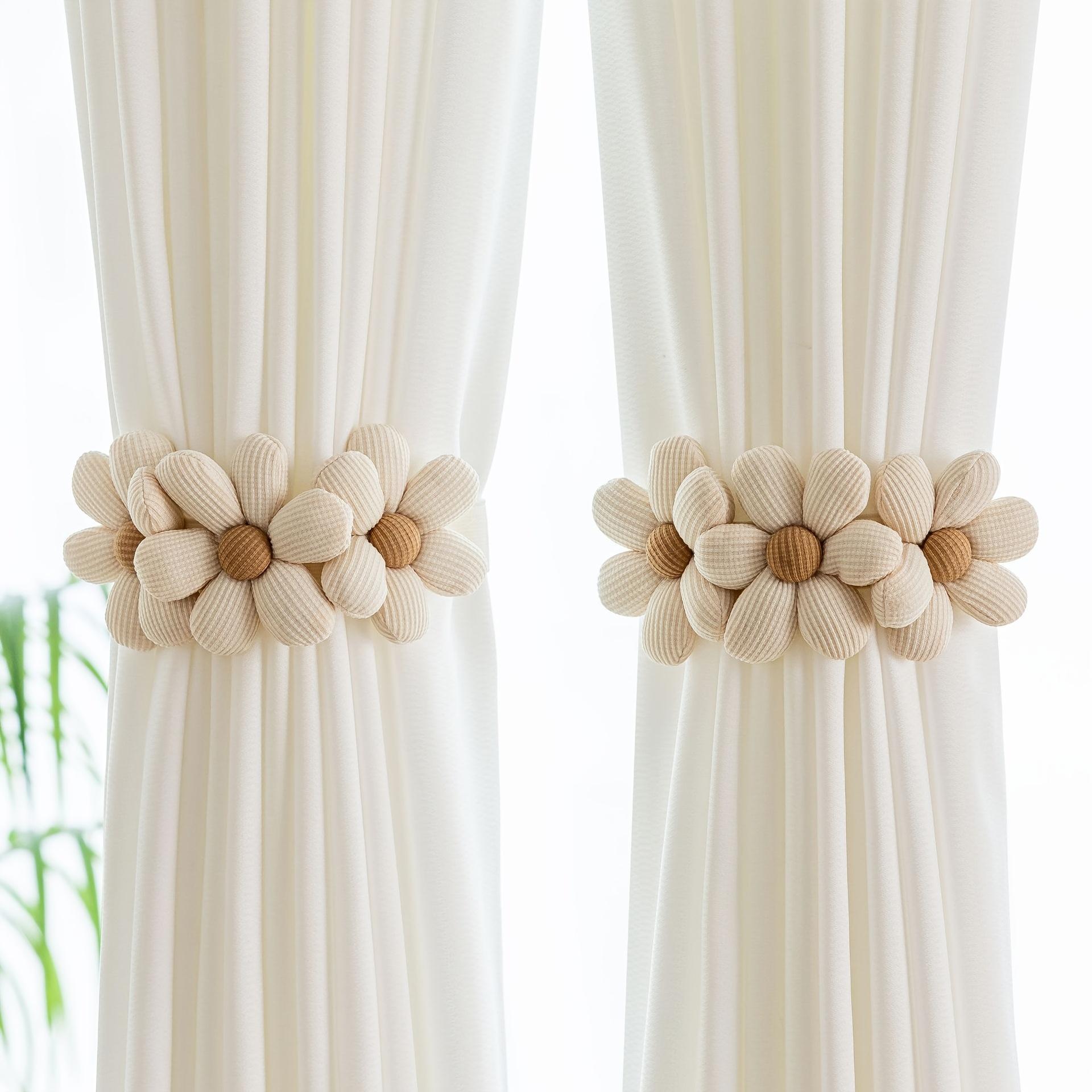 

2pcs Bohemian Style Elastic Curtain Tieback with 3 Daisy Designs - Creamy White and Beige Floral Pattern, Strong Invisible Hook for Easy Installation 2pcs