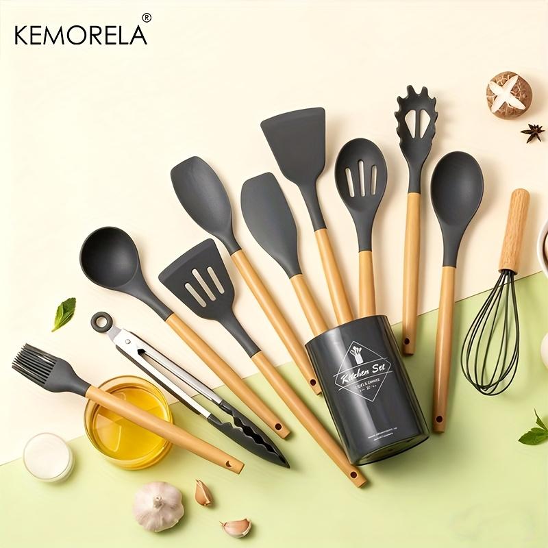 12PCS Silicone Kitchen Utensil Set with Wooden Handles Include Spatula, Spoon, Whisk, Whisking Pad, Heat Resistant, Durable