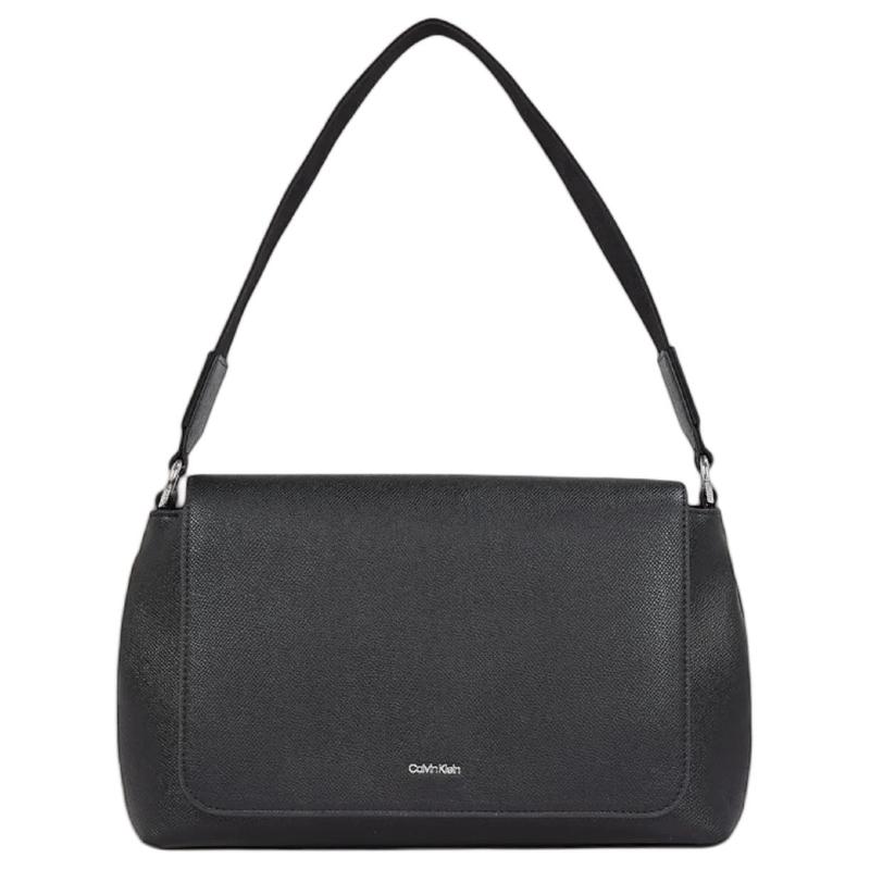 Calvin Klein Silver Logo Print Flap Closure Faux Leather Shoulder Bag Small Women s Black чёрный