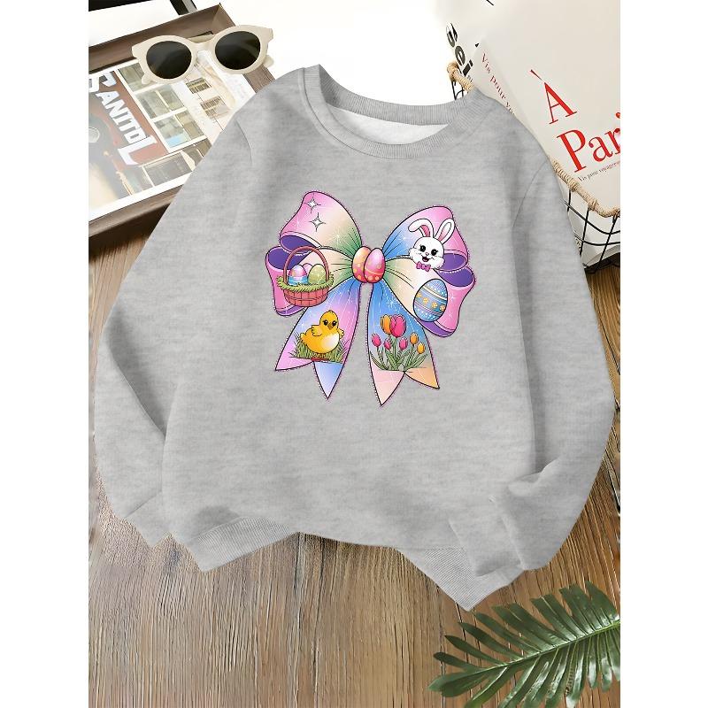 Kids Unisex Crewneck Sweatshirt, Pastel Bow Easter Bunny Chick Egg Tulip Print Soft Fleece Long Sleeve Pullover For Boys Girls Over 4 Years Old