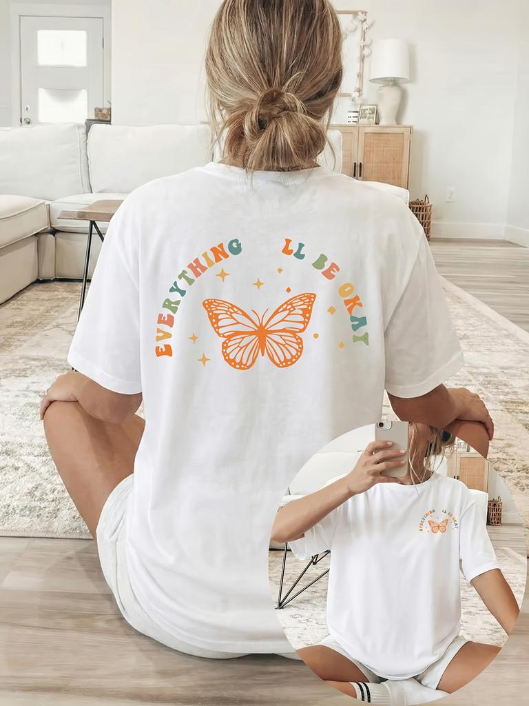 Plus Size Summer Womens Butterfly Letter Print TShirt Cotton Breathable Stylish Versatile Street Style Oversized