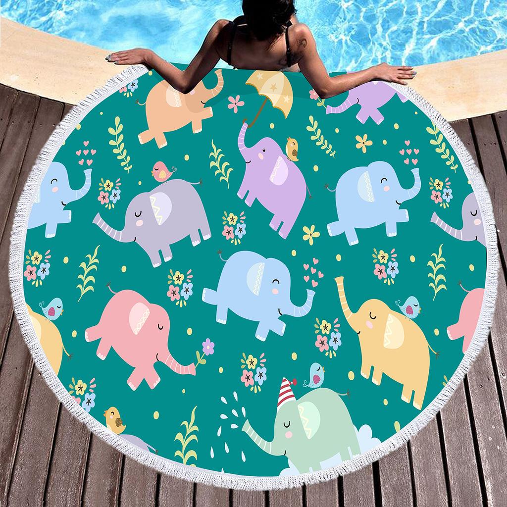 Wild Animal Elephant Round Beach Towel with Tassels Microfiber Soft Absorbent Quick Dry Sand Proof Towel For Picnic Camping Yoga