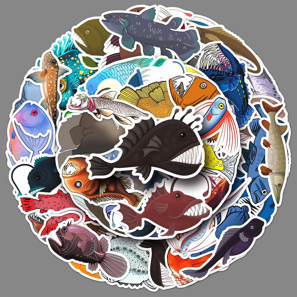 50 Deep Sea Fish Doodle Stickers Personalized Cartoon Marine Life Decorative Mobile Phone Case Suitcase Stickers