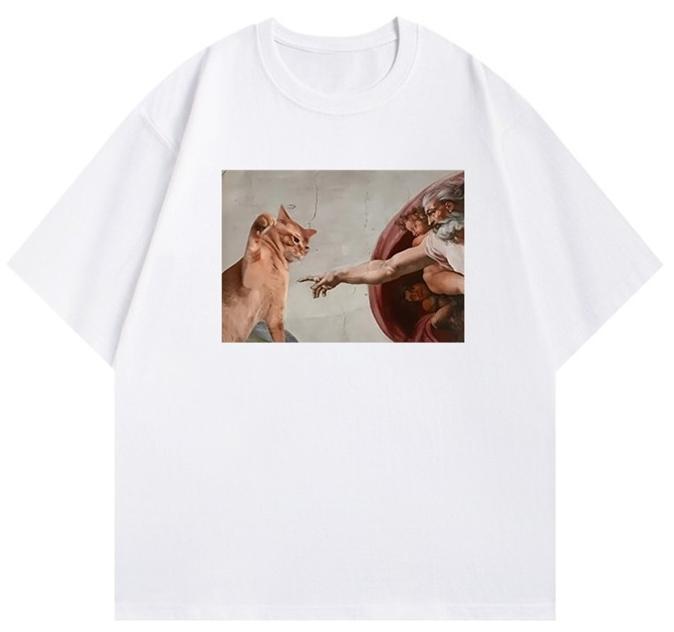 Dont get close to me Tshirt God reaches out to touch the cat Funny shortsleeved 2025 summer new fun cat cotton loose clothes