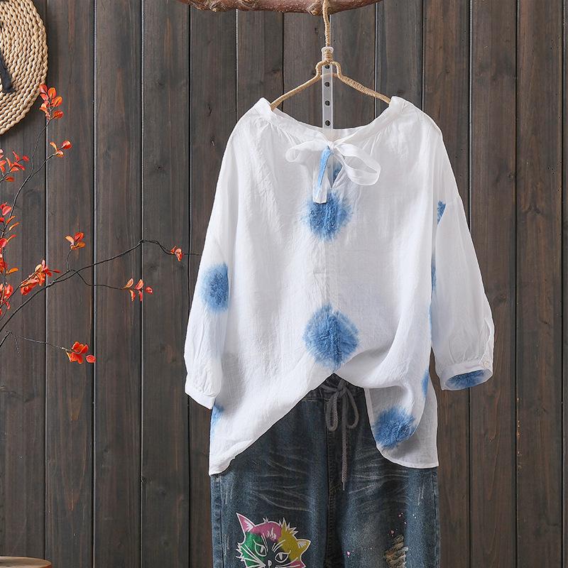 

Artistic Tie-Dye Linen Embroidery Casual Top with Drop Shoulder and Tie-Up Design L