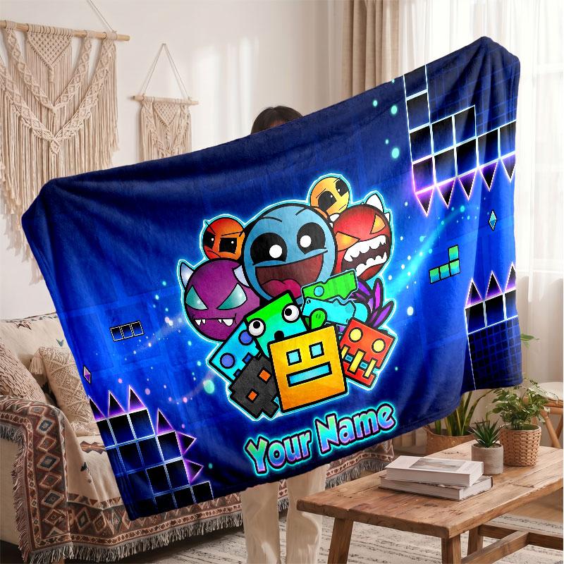 Geometry Dash Personalized Flannel Blanket, Custom Printed Text Name, Warm Soft Blanket For Couch Bed