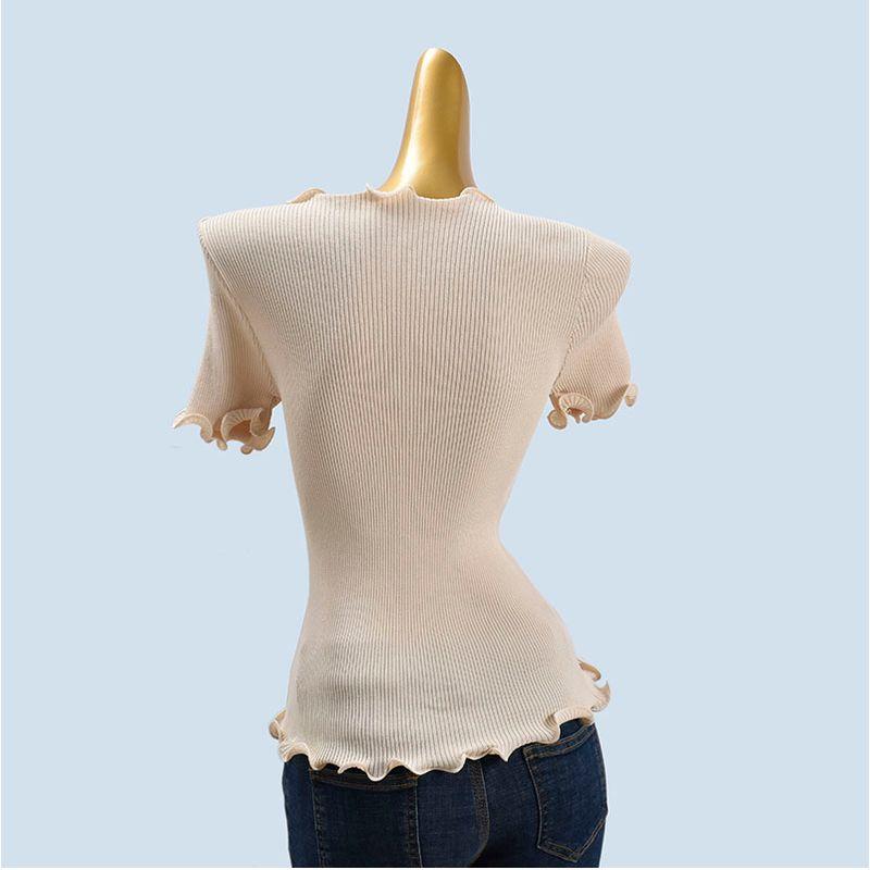 Wooden Ear Solid Color Rib Fabric Short Sleeve High Elastic Top Pullover Ice Silk Thin Women's Split Stylish