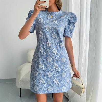 Dam Sommar Ny Bubbelärm Texturerad Jacquard Rund Hals Vintage Stil Enfärgade Klänningar