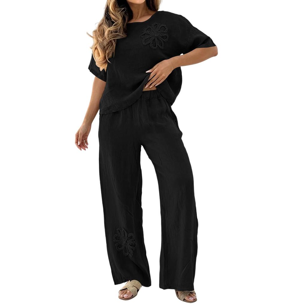Women's Casual Loose Fit Embroidered Short Sleeve Top and Wide Leg Pants Two-Piece Set