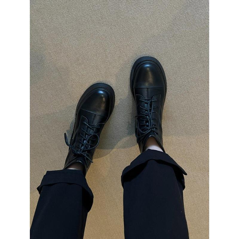 British Style Black Martin Boots Women's Round Head Thick Heel Thin Boots Thick-soled Strap Thin Short Boots