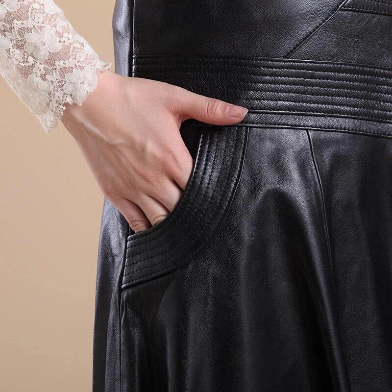 Lammskinn Stilfull Utsvängd Damkjol Svart Handgjord Läder Äkta Mode