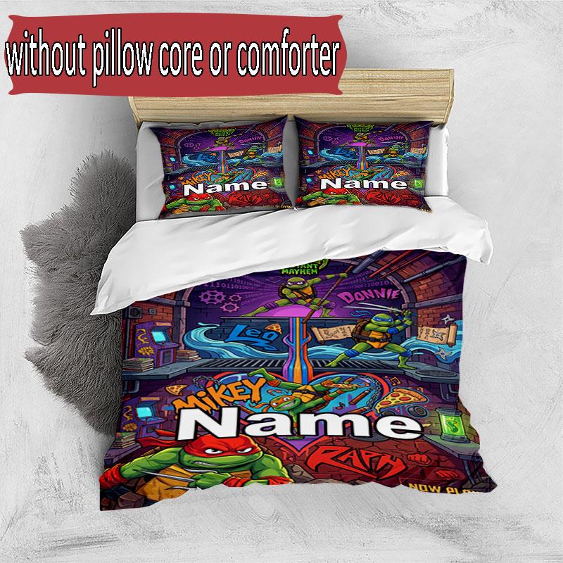 3pcs Duvet Cover Set (1*Duvet Cover + 2*Pillowcase, Without Core), Custom Name Teenage Ninja Turtles Pattern Bedding Set, Home Bedroom Decor Gift