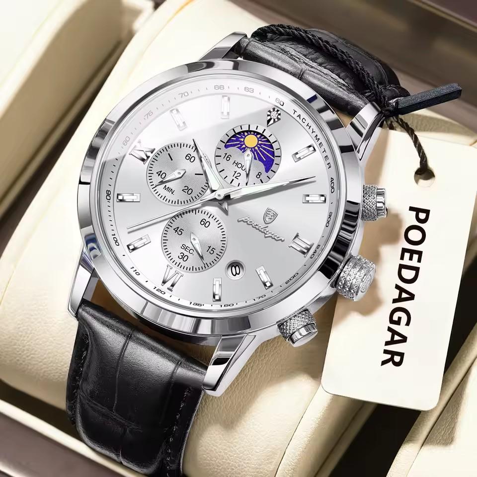 POEDAGAR Luxury Sports Watch for Men Waterproof Luminous Date Chronograph Wristwatch Leather Quartz Watches Reloj