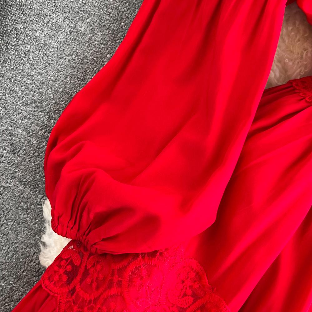 Solide Urlaub V-Ausschnitt Casual Süße Frauen Mode Elegante A-Linie Party Weibliche Chic Vestido Laterne Ärmel Böhmischen Grünen Kleid