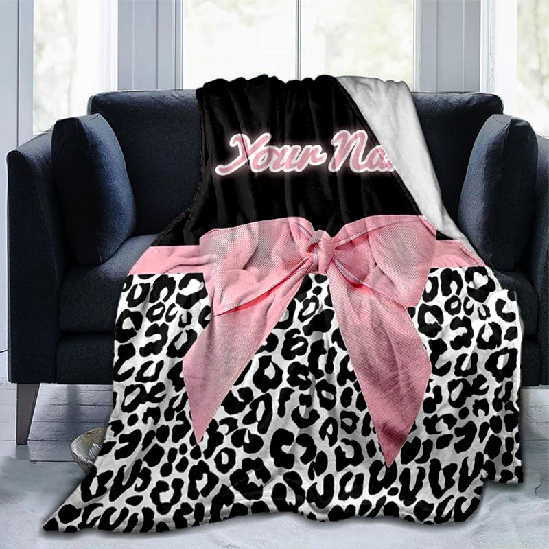 1PC Custom Name Pink Bow Leopard Print Flannel blankets Patterns Throw Blanket All-Season Soft Gift for Couch, Bed, Camping gifts